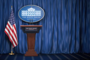 Podium speaker tribune with USA flags and sign of White House with space for text.  Briefing of president of US United States in White House.Politics concept. 3d illustration clipart