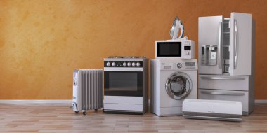 Ev mutfak teknikleri sarı zemin üzerine kümesi. Cihaz yeni appartments kümesi. E-ticaret online Internet mağaza ve aletleri genel kavram-in teslim etmek. 3D çizim