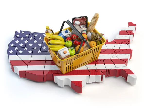 マーケット バスケットや消費者物価指数で米国アメリカ合衆国 アメリカの地図上の食べ物とショッピング バスケット イラストレーション — ストック写真