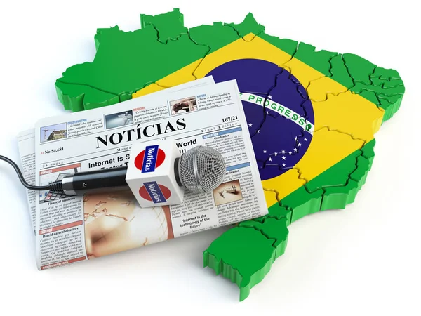巴西新闻 新闻和新闻事业的概念 麦克风和报纸标题为 Noticias 葡萄牙为 在地图上以巴西国旗的颜色 — 图库照片