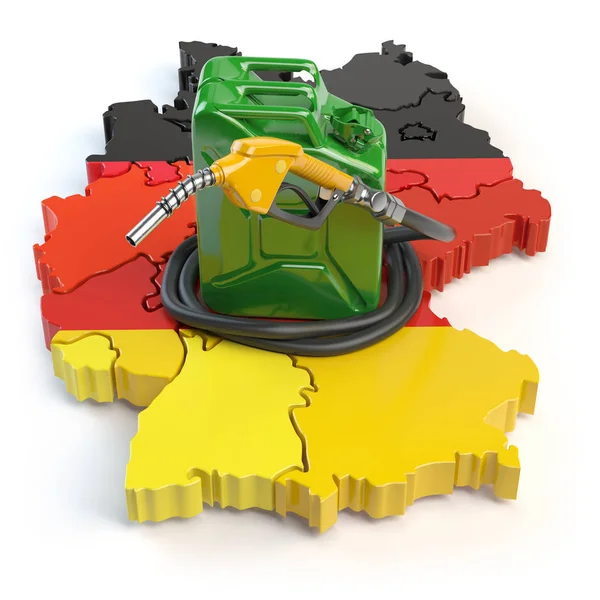 ガソリンとガソリン消費量とドイツでの生産 ジェリカンやガスのポンプ ノズルでドイツの地図 イラストレーション — ストック写真