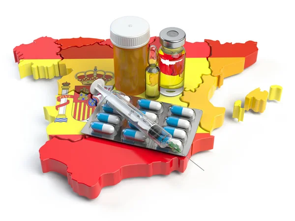 Salute Sanità Medicina Farmacia Spagna Pillole Flaconcini Siringhe Sulla Mappa — Foto Stock
