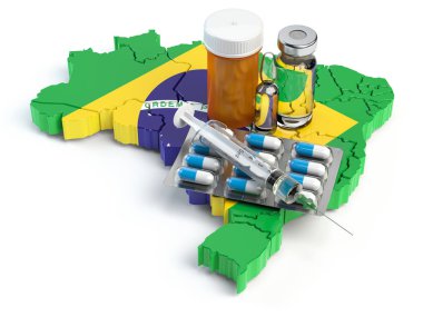 Sağlık, sağlık, tıp ve eczacılık Brezilya kavram. Hap, şişeleri ve şırınga beyaz arka plan üzerinde izole Brezilya Haritası üzerinde. 3D çizim