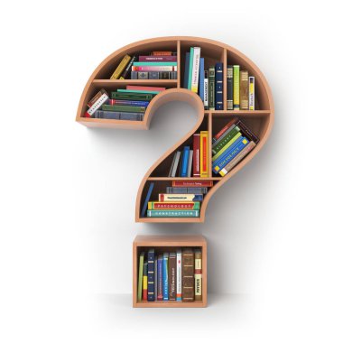 Soru işareti olarak bookshelf kitaplarla. Arama ve eğitim kavramı. 3D çizim