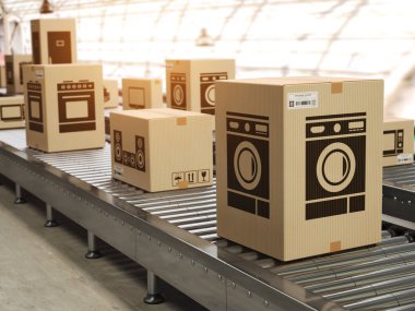 Dağıtım depo E-ticaret, teslimat ve ambalaj hizmet anlayışı içinde konveyör roller üzerinde karton kutular içinde ev aleti. 3D çizim