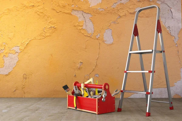 Home renovation and improvement concept. Ladder, toolbox with tools and old grunge wall in the room. 3d illustration