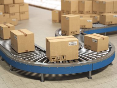 Karton kutular dağıtım depo, teslimat ve ambalaj hizmet anlayışı içinde konveyör roller üzerinde. 3D çizim