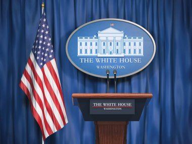 Politics of White House and President of USA United states concept.  Podium speaker tribune with USA flags and sign of White House. 3d illustration clipart