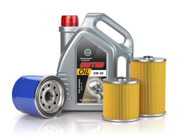 Motor yağı kutu andcar yağ filtresi izole üzerinde beyaz arka plan. Otomatik hizmet ve araba bakım kavramı. 3D çizim