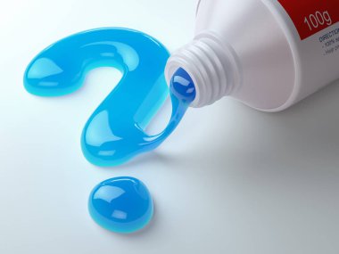 Toothpaste in the shape of question mark coming out from toothpaste tube. Brushing teeth dental concept. 3d illustration clipart