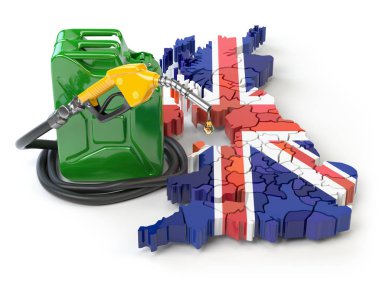 Benzin ve benzin tüketim ve üretim yılında İngiltere'de Büyük Britanya. Harita İngiltere'de Büyük Britanya bidon ve gaz pompa meme. 3D çizim