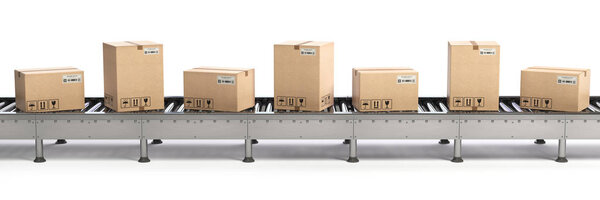 E-commerce, delivery and packaging service concept. Cardboard boxes on conveyor line isolated on white background. 3d illustration