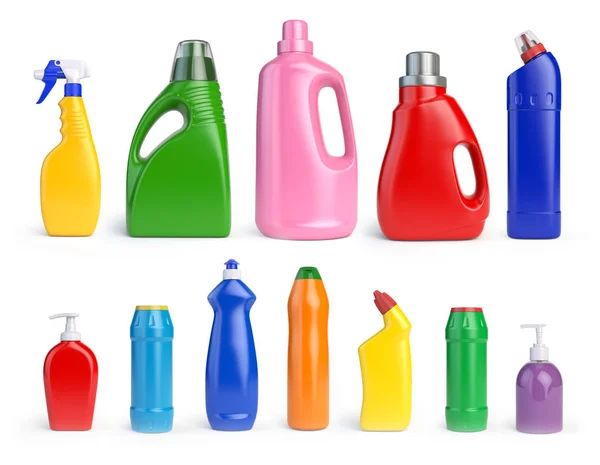 Conjunto Botellas Recipientes Detergente Artículos Limpieza Lavado Ilustración — Foto de Stock