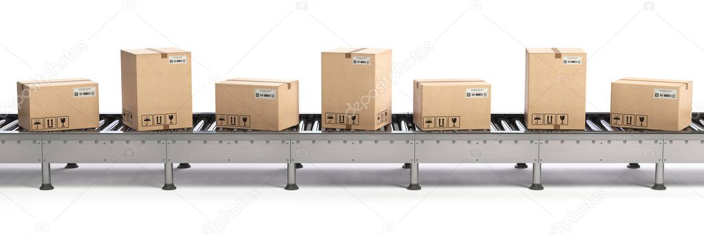 E-commerce, delivery and packaging service concept. Cardboard boxes on conveyor line isolated on white background. 3d illustration