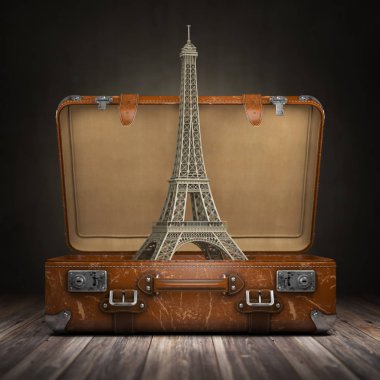 Paris gezisi. Seyahat veya Turizm Fransa kavramı için. Eyfel Kulesi ve vintage çanta. 3D çizim