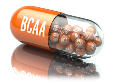 Beyaz arka plan üzerinde izole Bcaa dallı zincirli amino asit capsiule. Spor beslenme vücut geliştirme için. 3D çizim