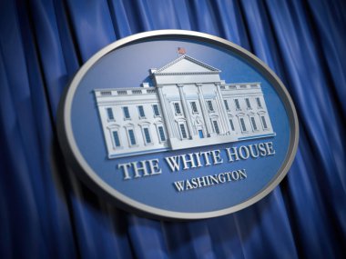 Mavi zemin üzerine Beyaz Saray Washington işareti. 3D çizim