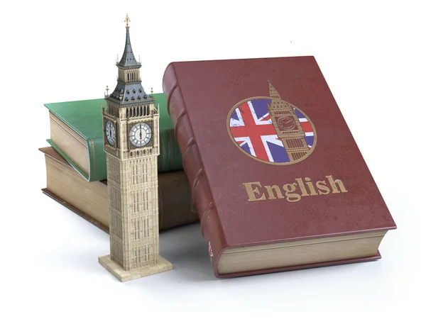 学习和学习英语的概念 书与英国的旗子和大本塔被隔绝在白色 Iluustration — 图库照片
