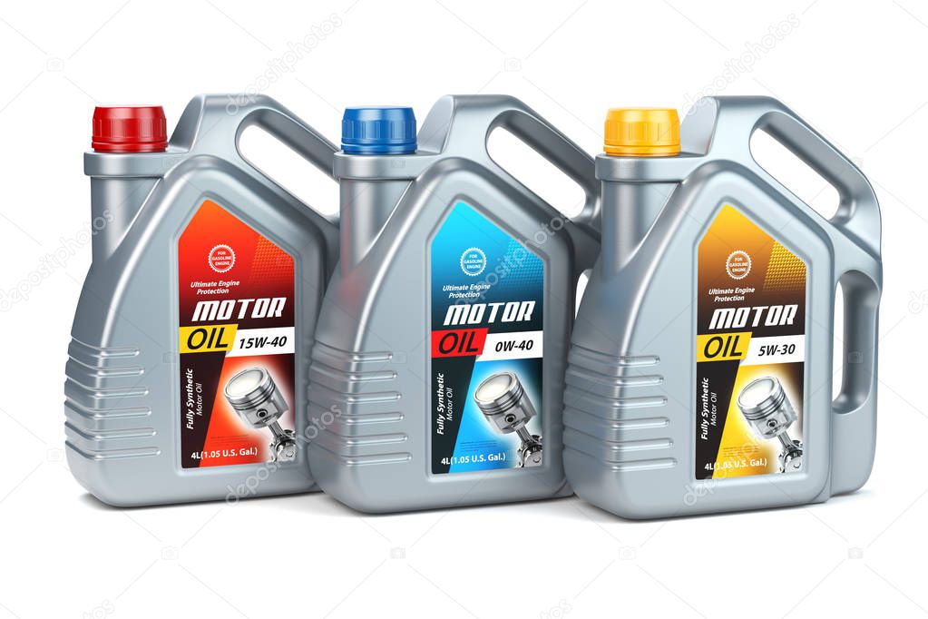Pllastic motor oil canisters with different types of motor oil on white isolated background.. 3d illustration