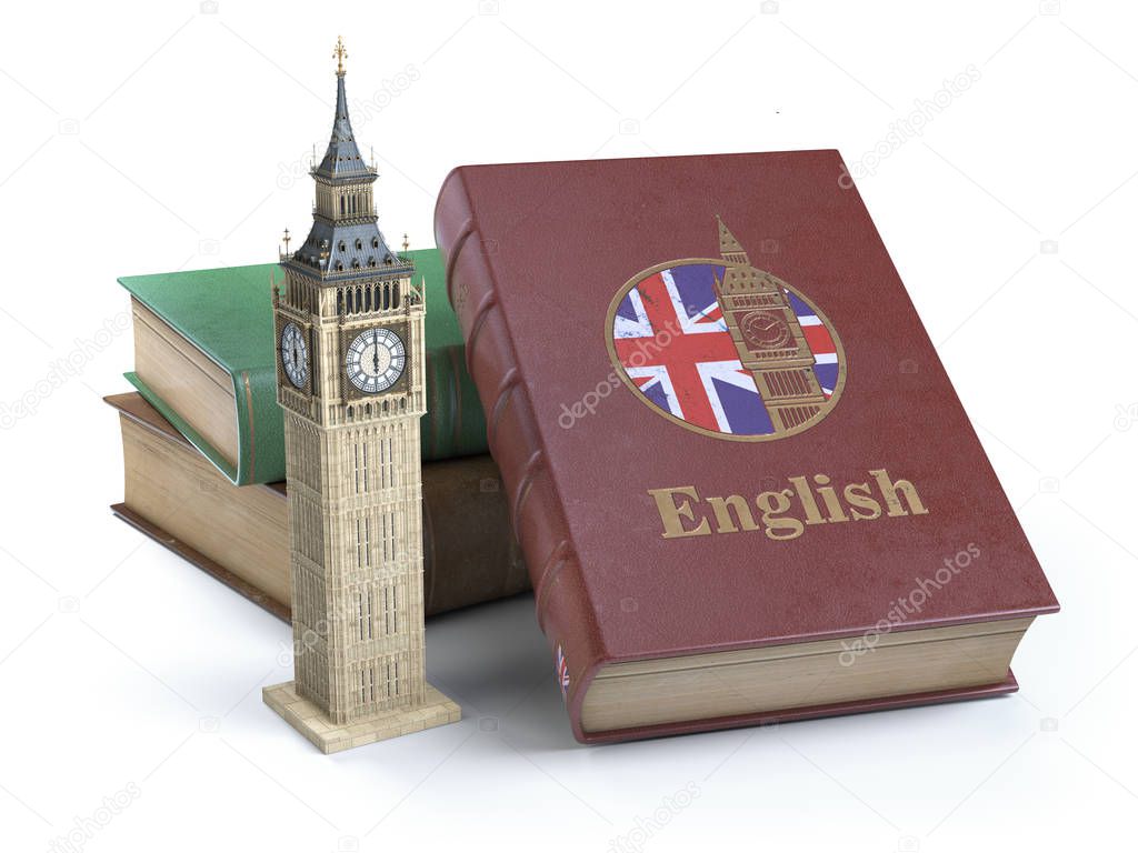 Studying and learn English concept. Book with flag of Great Britain and Big Ben tower isolated on white. 3d Iluustration