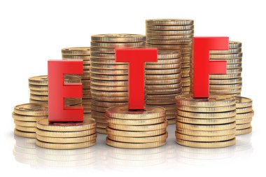 ETF Satım işlem gören altın sikke yığını fonu. Hisse senedi exchenge ve yatırım kavramı. 3D çizim