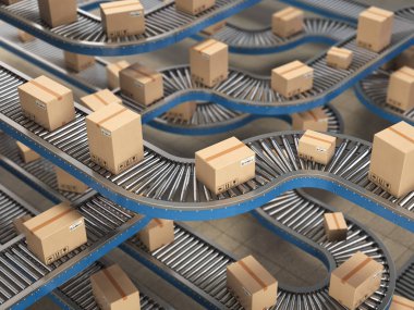 Karton kutular içinde dağıtım depo, teslim ve hizmet kavramı arka plan paketleme konveyör roller üzerinde. 3D çizim