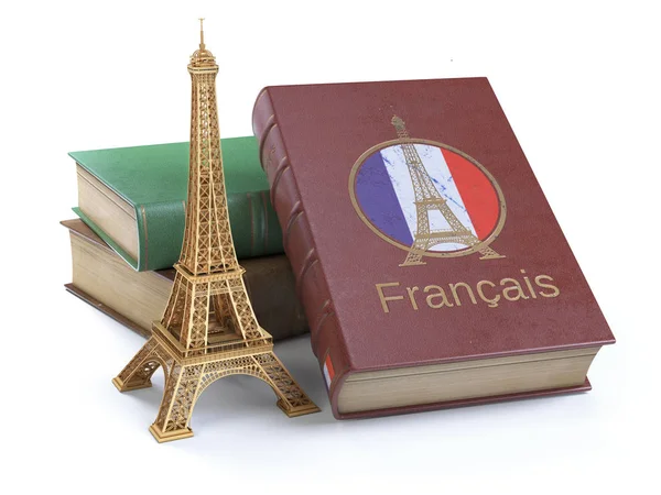 びコンセプト フランス語を勉強します フランスの国旗と白で隔離エッフェル塔本 イラストレーション — ストック写真