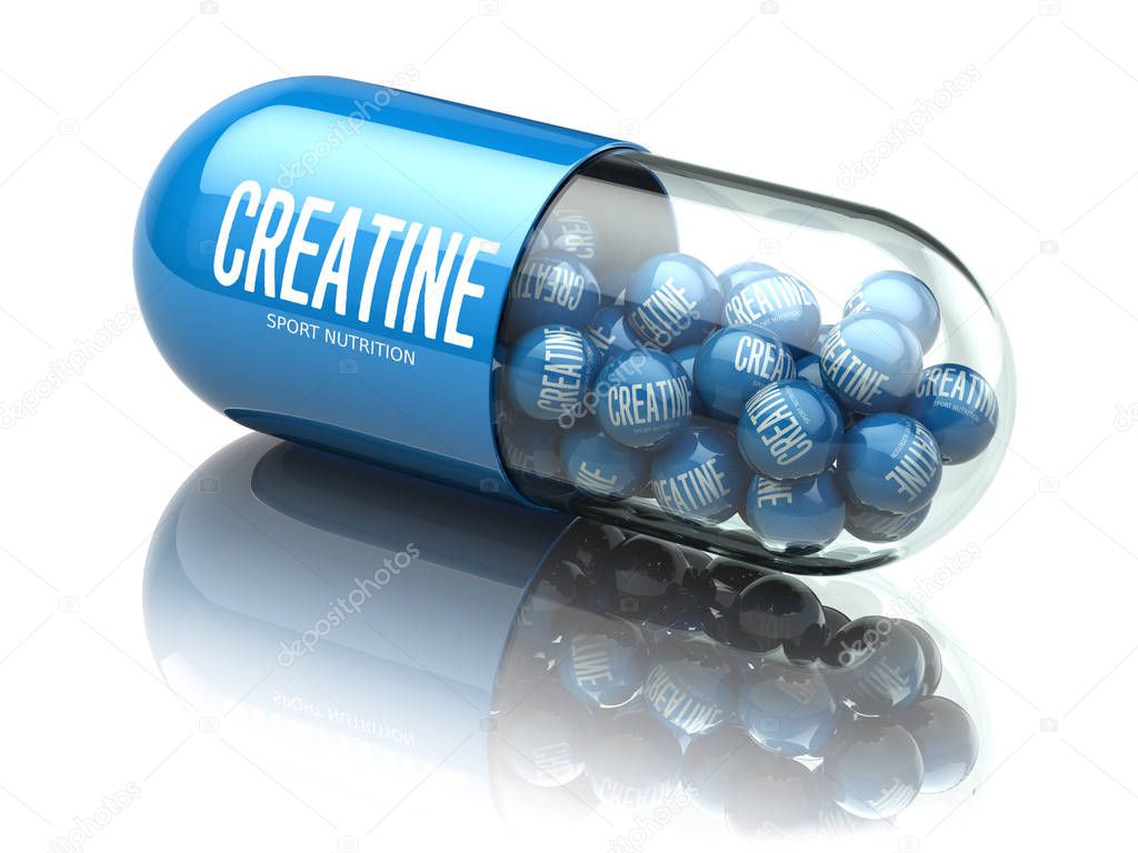 Creatine capsiule isolated on white background. Sport nutrition and supplement for bodybuilding concept. 3d illustration