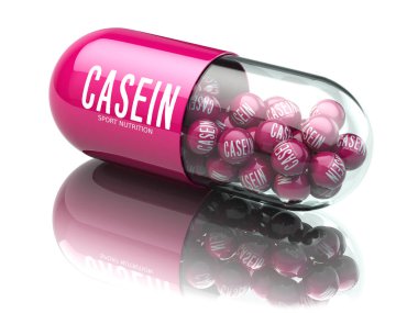 Beyaz arka plan üzerinde izole kazein capsiule. Spor beslenme ve vücut geliştirme kavramı için ek. 3D çizim