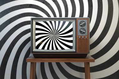 Propaganda ve etkili kitle iletişim araçları kavramının beyin yıkama. Vintage Tv ekranında hipnotik sarmal ile ayarlayın. 3D çizim