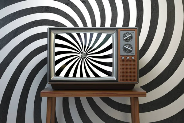Propaganda ve etkili kitle iletişim araçları kavramının beyin yıkama. Vintage Tv ekranında hipnotik sarmal ile ayarlayın. 3D çizim