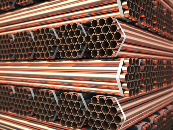 Copper or bronze metal pipes in warehouse. Heavy non-ferrous metallurgical industry. 3d illustration