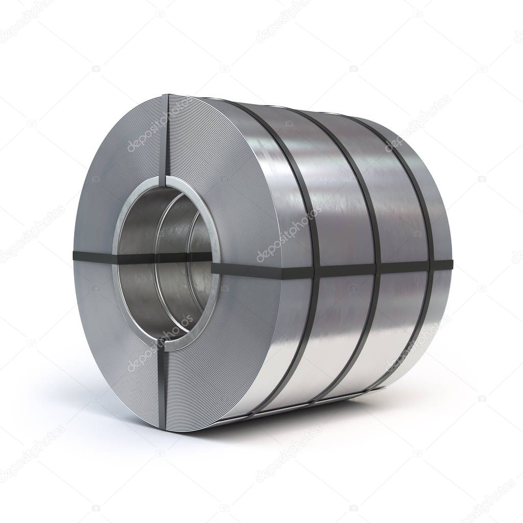 Roll of rolled steel sheet isolated on white background. Production, delivery and storage of metal products. 3d illustration