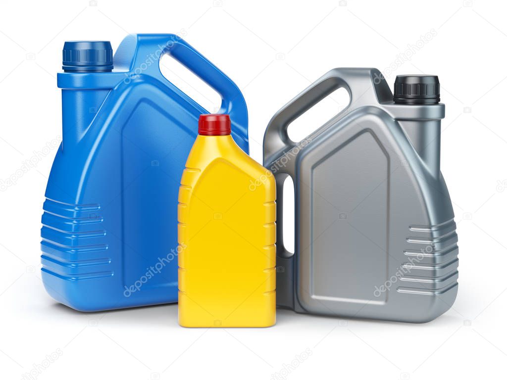 Different types of plastic canisters of motor oil on white isolated background. 3d illustration