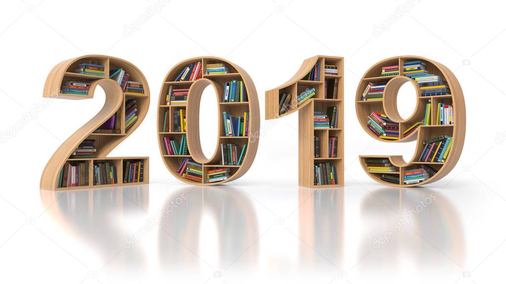 2019 new year education concept. Bookshelvs with books in the form of text 2019. 3d illustration