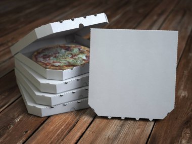 Pizza kutuları antika ahşap plakalar üzerinde. Kadar alay et. 3D çizim