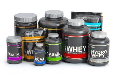 Spor ve beslenme (ek) için vücut geliştirme. Peynir altı suyu protein kazein, bcaa, beyaz arka plan üzerinde izole Kreatin. 3D çizim