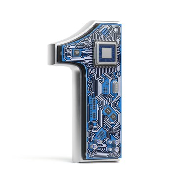 1 numaralı devre kartı tarzı bir, alfabe. Dijital yüksek teknoloji mektup üzerinde beyaz izole. 3D çizim