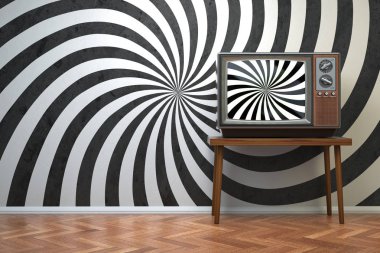 Vintage retro Tv ekranında hipnotik sarmal ile ayarlayın. Propaganda ve etkili kitle iletişim araçları kavramının beyin yıkama. 3D çizim