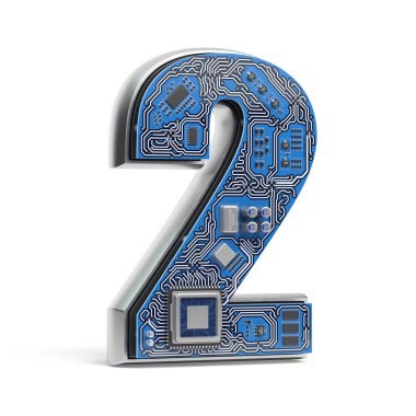 2 numaralı iki, alfabe devre kartı tarzı. Dijital yüksek teknoloji mektup üzerinde beyaz izole. 3D çizim