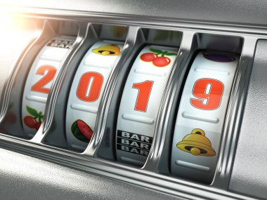 Mutlu yeni yıl 2019 Casino. Slot makinesidir ikramiye numarası 2019. 3D çizim
