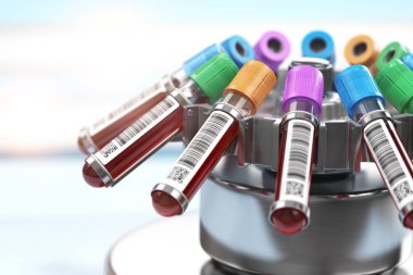 Kan testi tüpler santrifüj. Plazma hazırlık aşamasında tıbbi Hematoloji Laboratuvarı kavramı. 3D çizim