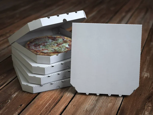 Pizzakartonger Vintage Trä Plankor Håna Upp Illustration — Stockfoto