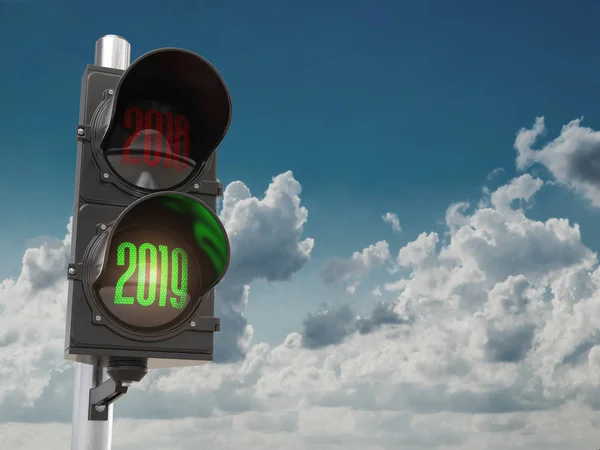 Happy New Year 2019 Traffic Light Green Light 2019 Sky — Stock Photo, Image
