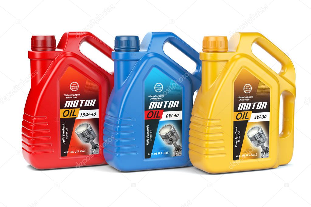 Motor oil canisters with different types of motor oil on white isolated background.. 3d illustration