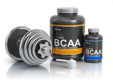 BCAA dallı zincirli amino asit kepçe ve dumbbell ile. Vücut geliştirmeci nutrition(supplement) kavramı. 3D çizim.