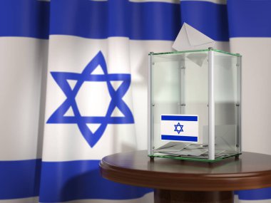 Bayrak İsrail ve kağıtları oy ile oy sandığı. Israelitish başkanlık veya Meclis seçimleri. 3D çizim
