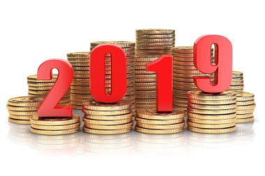 2019 yılbaşı sikke yığını. İş başarı, refah ve wallfare yeni yıl kavram. 3D çizim