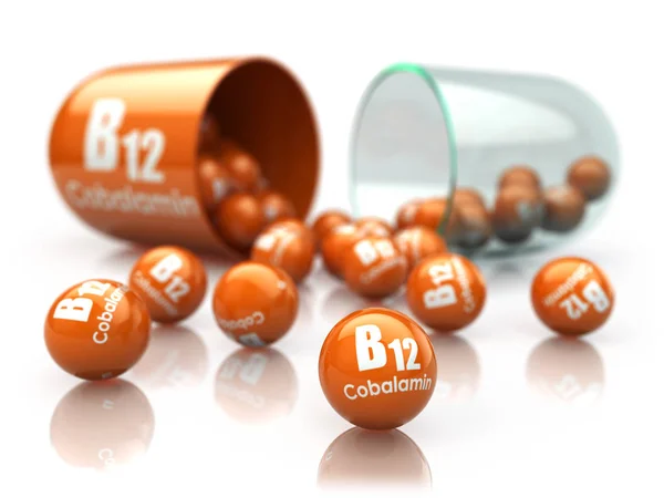 B12 Vitamin Kapszula Isoilated Fehér Kobalamin Tabletta Étrend Kiegészítők Illusztráció — Stock Fotó