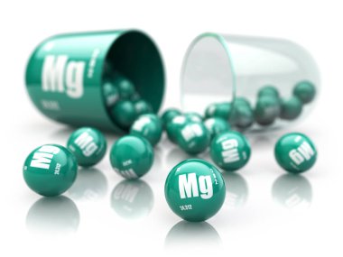 Magnezyum Mg öğe kapsül. Diyet takviyeleri. Beyaz izole vitamini kapsülü. 3D çizim